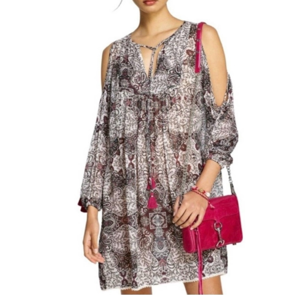 Rebecca Minkoff Boho Cappy Chiffon Cold Shoulder Fuchsia Tassels Mini Dress, S